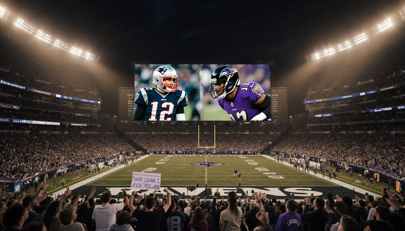 Fans cheer with midnight green and purple jerseys and giant video screen showing Tom Brady and Lamar Jackson in stadium