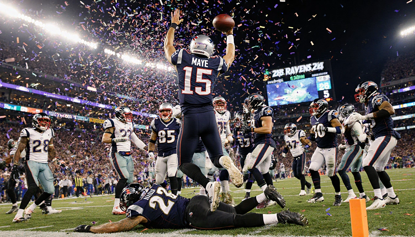 Drake Maye celebrates a touchdown pass as confetti explodes and a Ravens defender lies on the turf