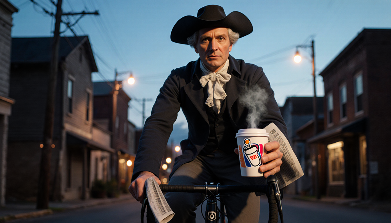 Paul Revere riding his bike with a steaming Dunkin coffee cup and newspaper through a dusk town with streetlights.