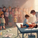 Doctor examining a child on a table with anxious parents and scattered medical supplies in a crowded pediatric emergency