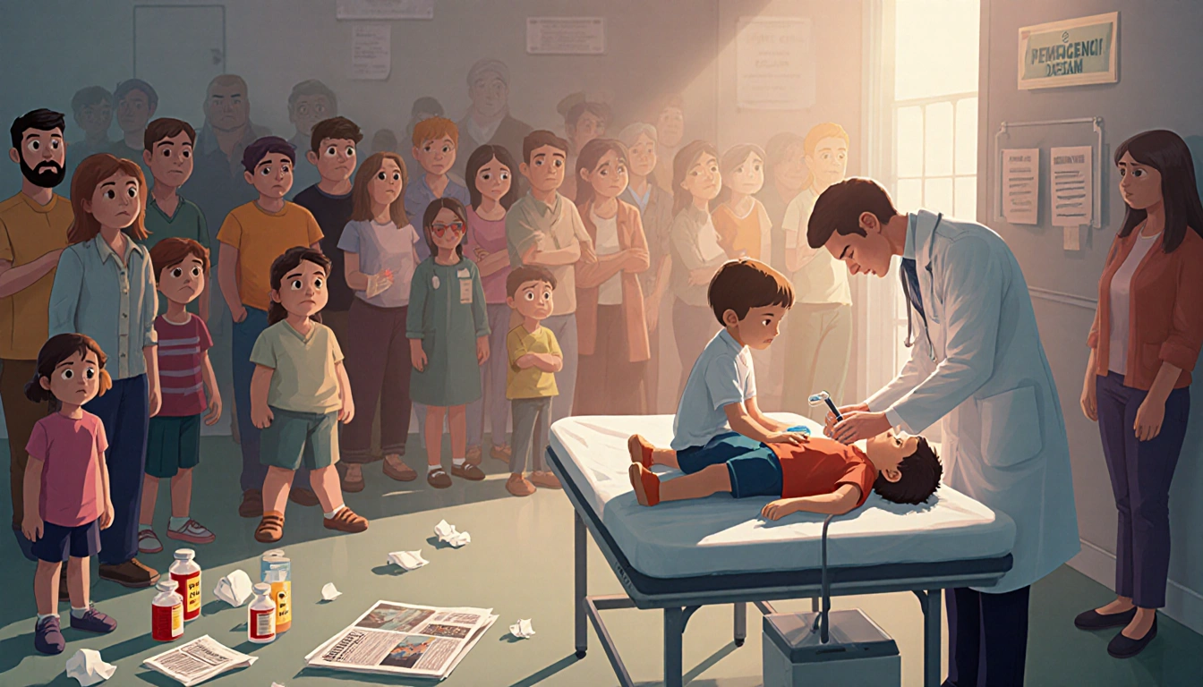 Doctor examining a child on a table with anxious parents and scattered medical supplies in a crowded pediatric emergency