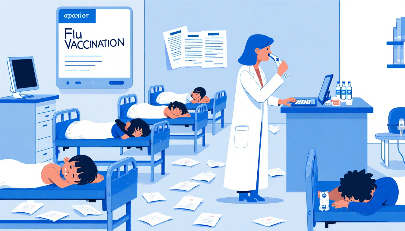 Pediatrician Debra Langlois standing at front desk with papers as children with thermometers line tables in a blue clinic