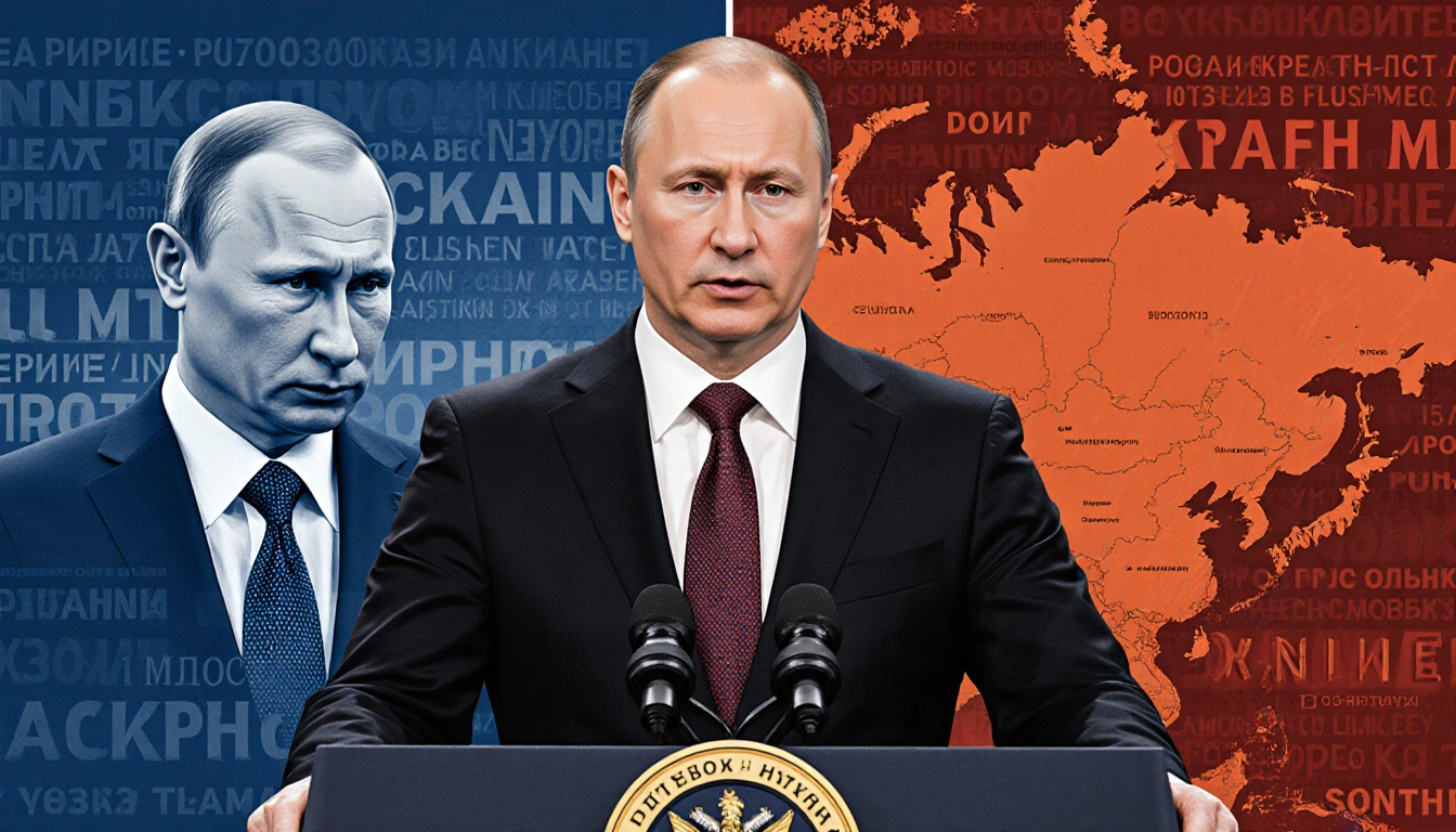 Dmitry Peskov speaking with Putin stern on one side and calm on the other with Russia Ukraine maps.