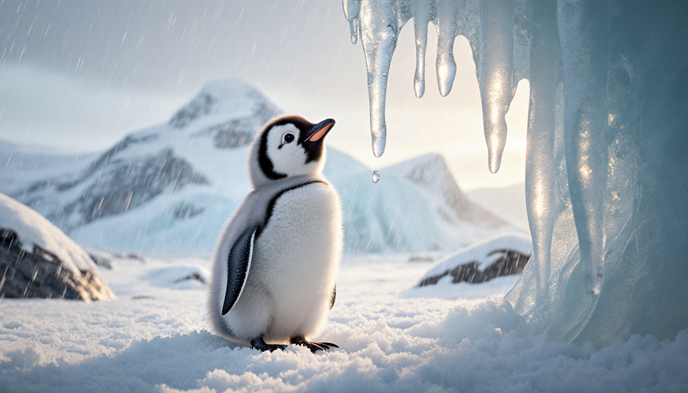 Penguin chick standing under dripping icicle with snow-covered rocks and glaciers.