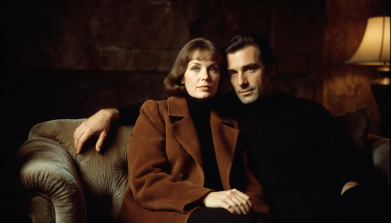 Intimate couple resting on sofa with Penny Marshall wearing rust-colored suede coat and partner wrapped around her rustic glo