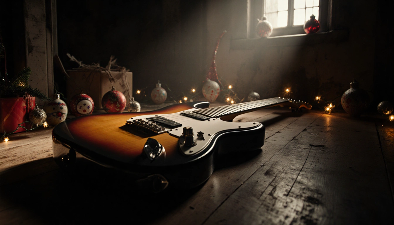 Guitar lies on wooden floor with soft warm light from fairy lights and Christmas ornaments creating nostalgic melancholy.