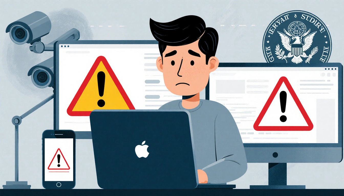 Person staring at laptop with worried expression and warning icons while a nearby phone shows alert and spy cameras loom.