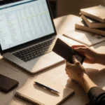Person holding wallet with laptop showing budgeting spreadsheet and books nearby