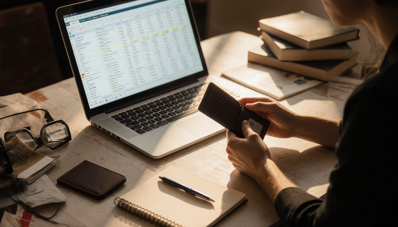 Person holding wallet with laptop showing budgeting spreadsheet and books nearby