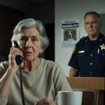 Frazzled pet owner calls from kitchen table with phone and missing pet flyer behind stern sheriff.