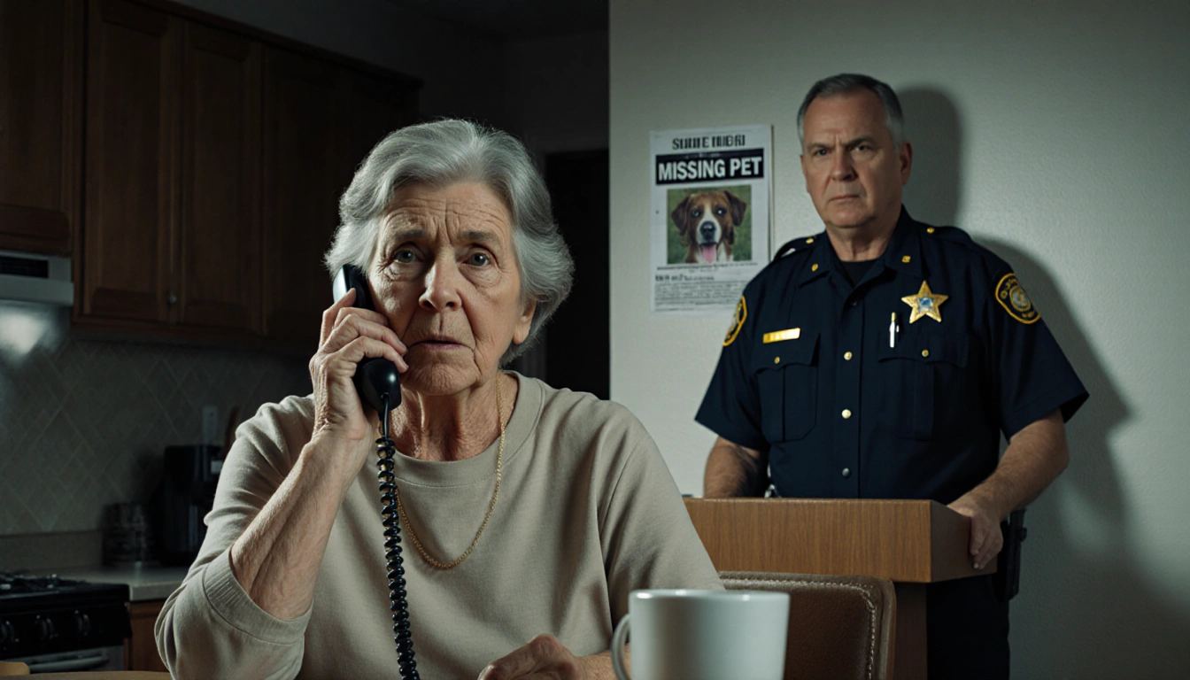 Frazzled pet owner calls from kitchen table with phone and missing pet flyer behind stern sheriff.