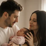 Pete Davidson cradling his newborn baby girl with mother Elsie Hewitt gently stroking hair in warm glow.