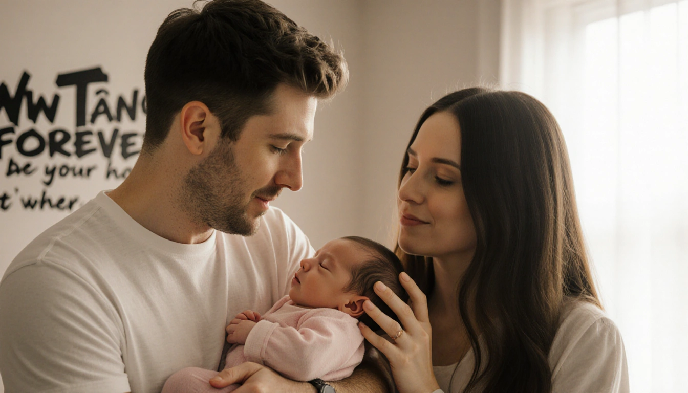 Pete Davidson cradling his newborn baby girl with mother Elsie Hewitt gently stroking hair in warm glow.