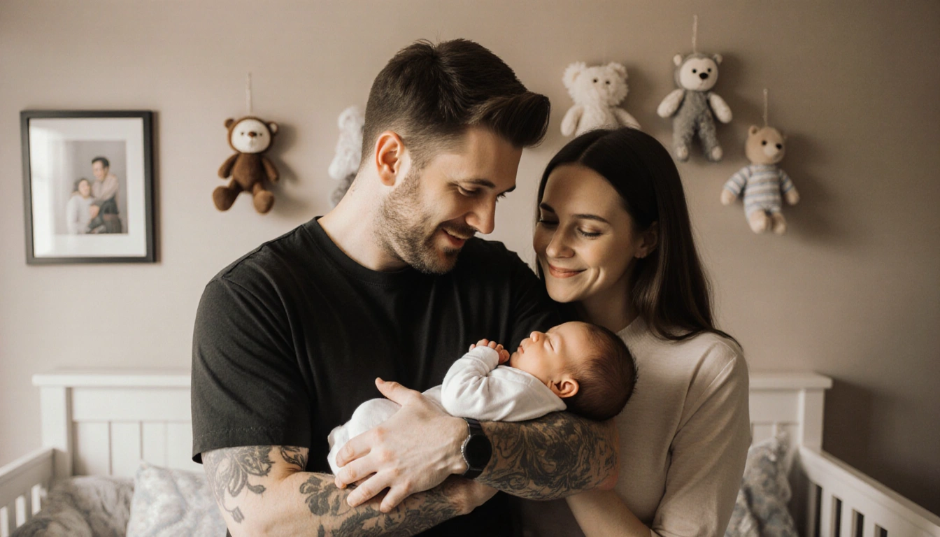 Pete Davidson cradles his newborn baby with Elsie Hewitt beside him in a warm nursery