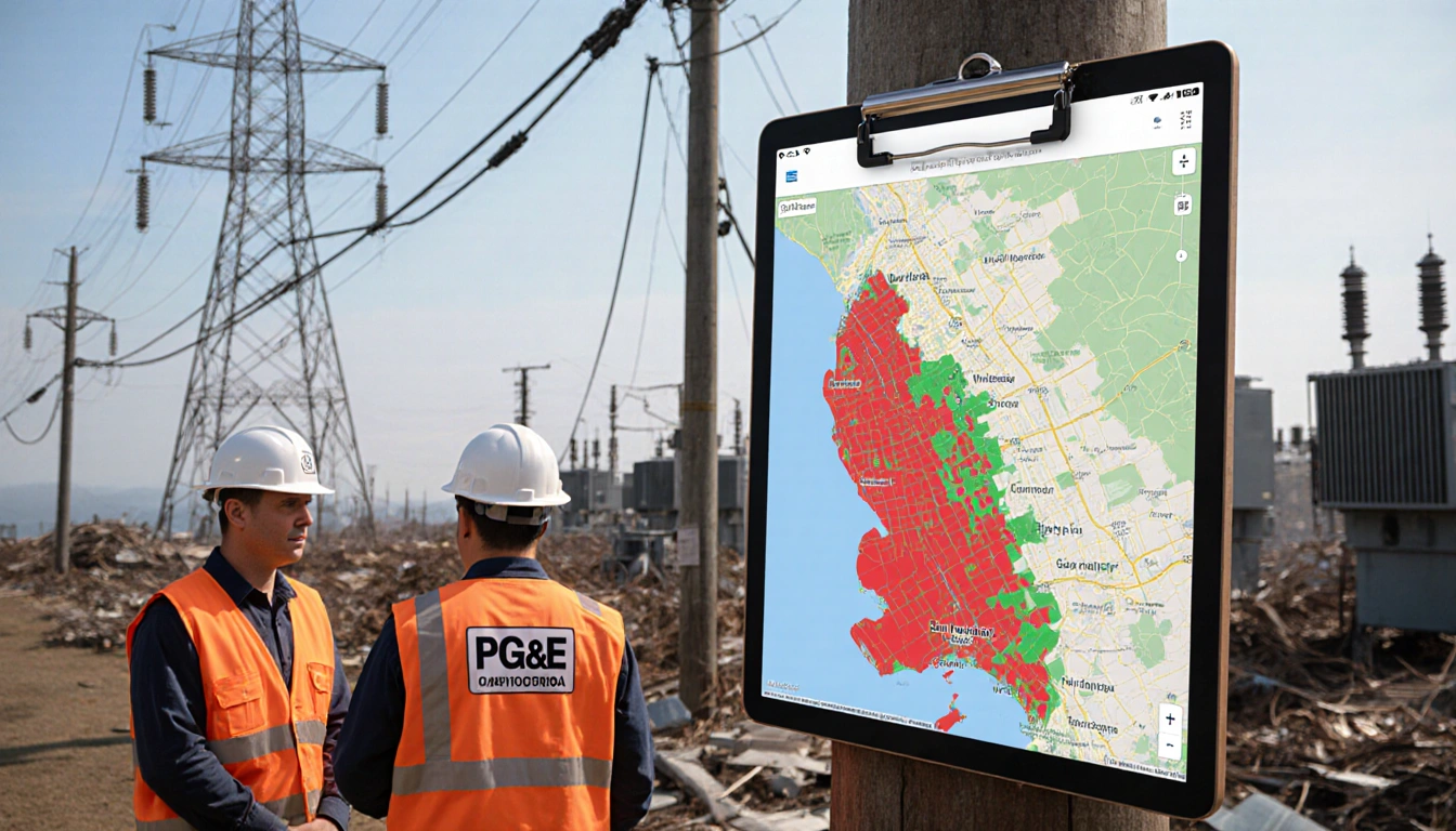 PG&E workers in orange vests monitor an outage map with a utility pole and tangled power lines in the background.