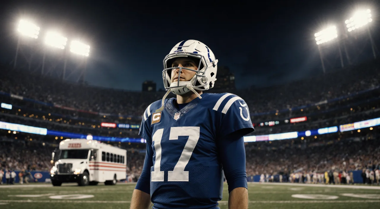 Philip Rivers stands at Lucas Oil Stadium with neon lights on his helmet behind the sky.
