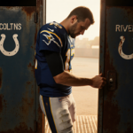 Philip Rivers standing in front of a weathered locker room door with a faded Colts jersey in warm golden light and rusted log