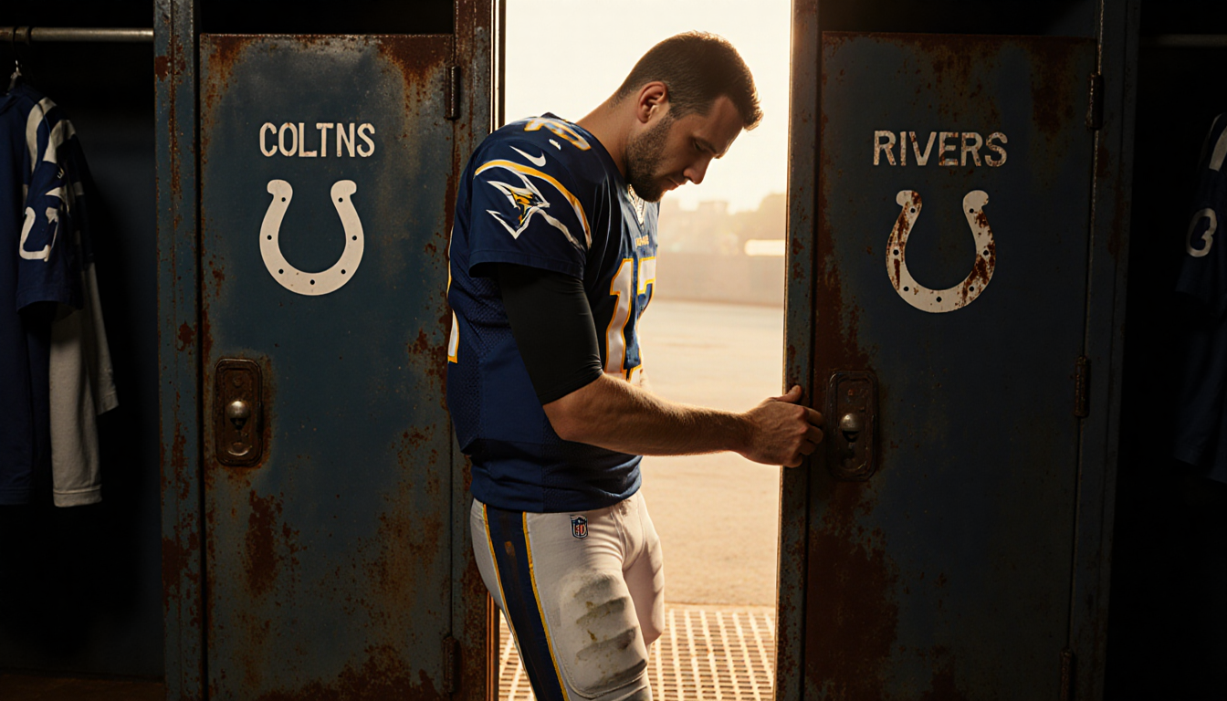 Philip Rivers standing in front of a weathered locker room door with a faded Colts jersey in warm golden light and rusted log