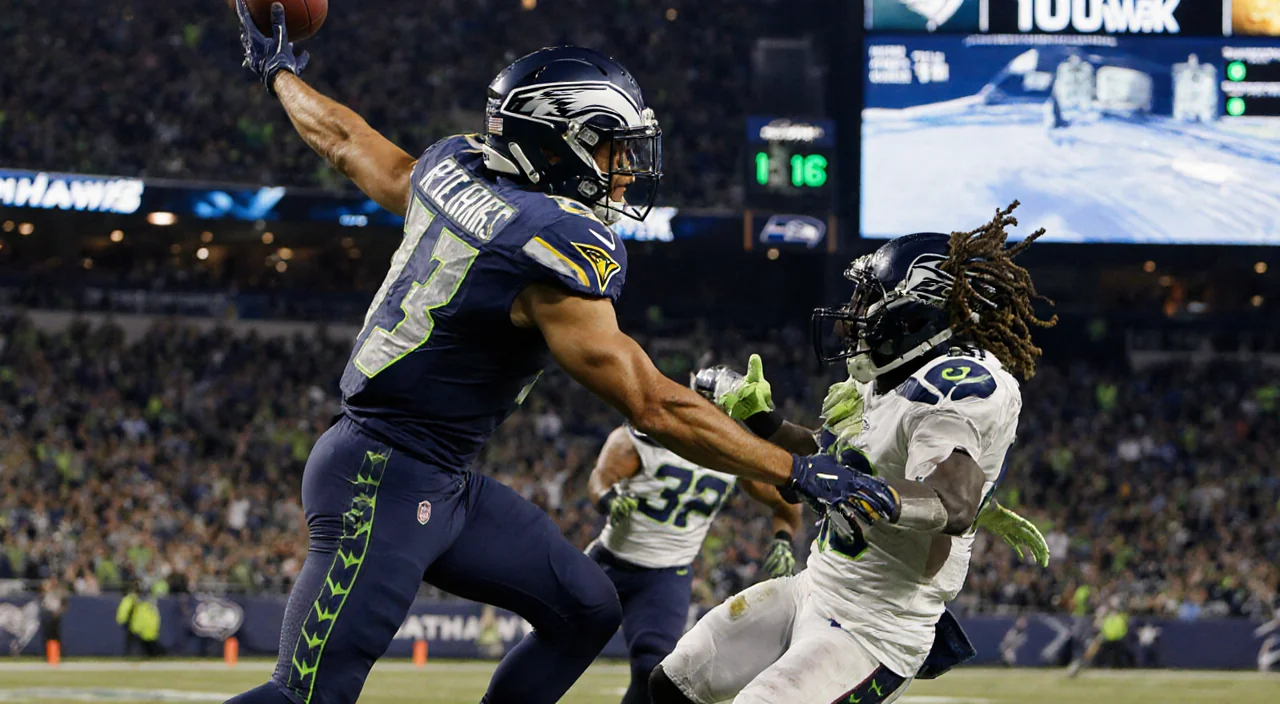 Philip Rivers drops back to pass with a receiver securing a touchdown and a scoreboard reading 18‑16 beside a Seahawks logo.
