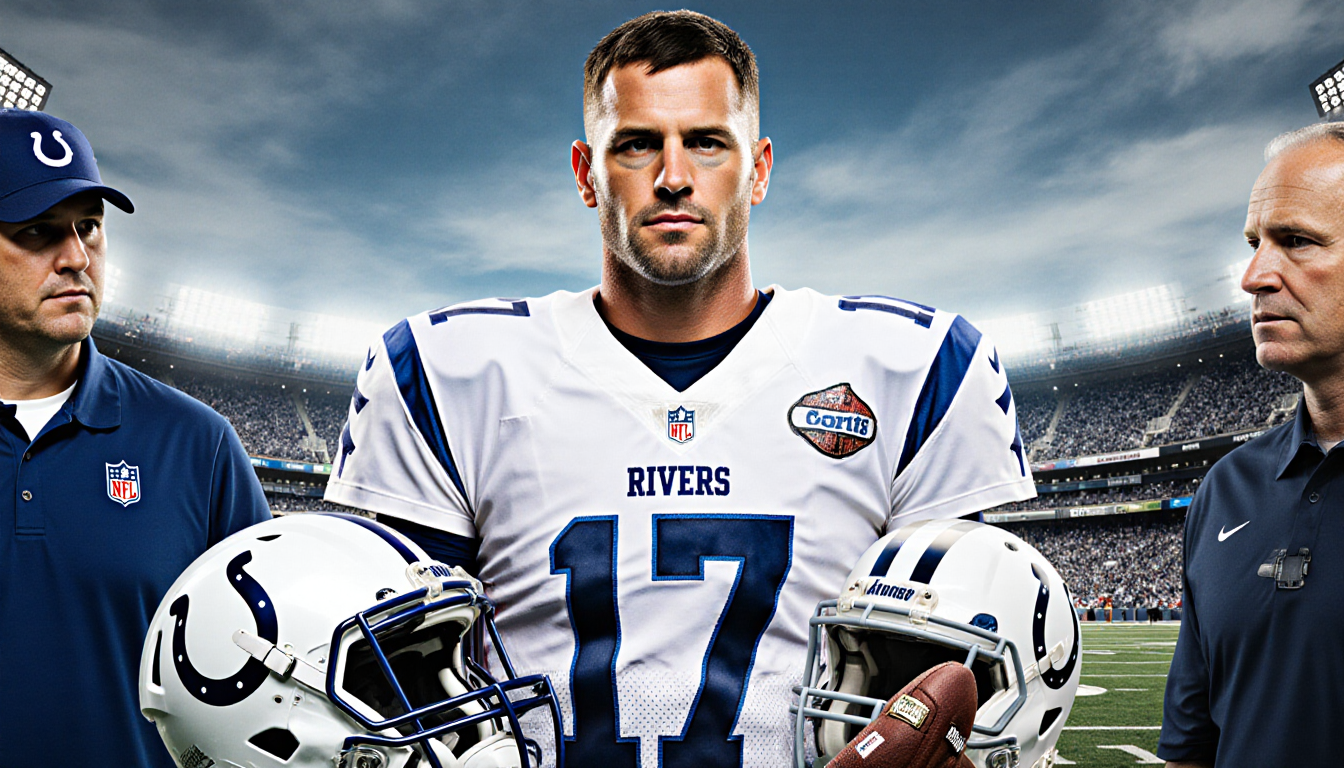 Philip Rivers standing confidently in front of a football field with an Indianapolis Colts jersey and a championship ring on 