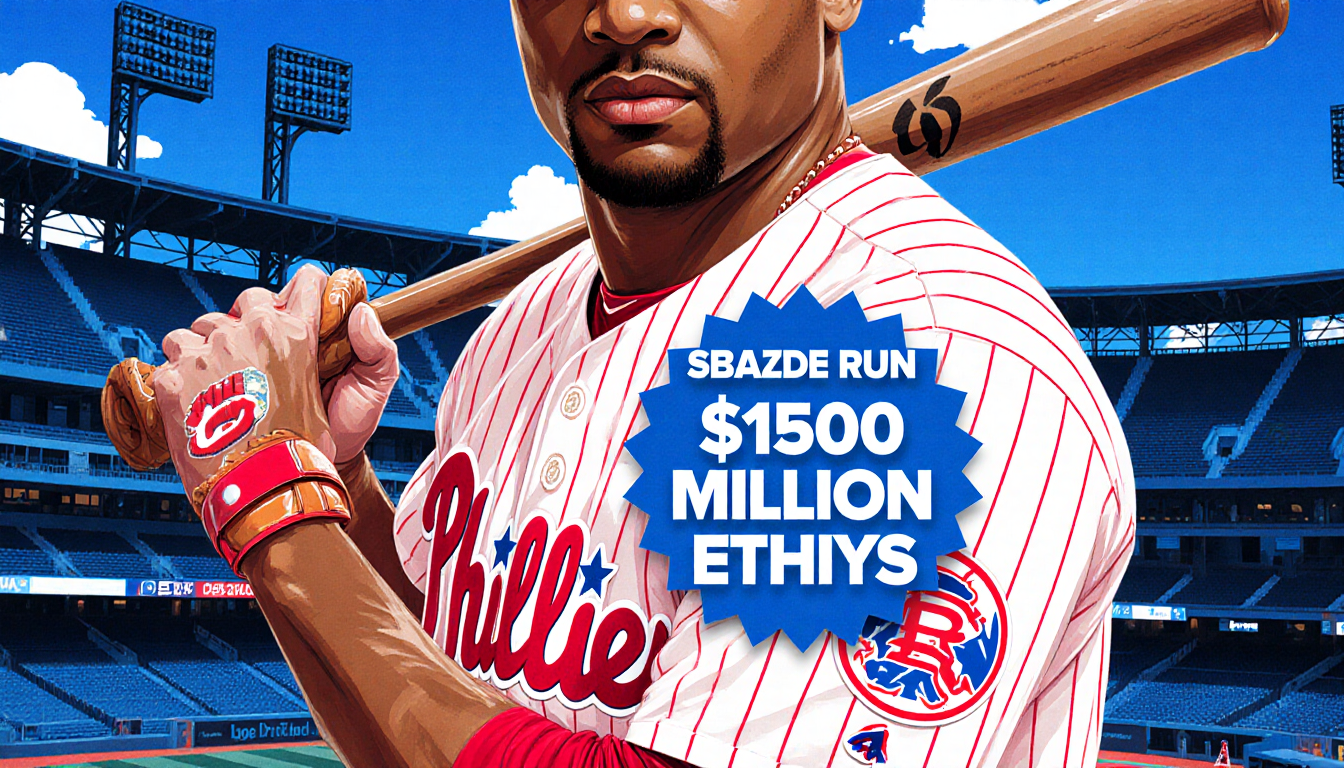 Phillies star poses with glove bat wearing jersey showing 56 HR 132 RBI and $150 million contract