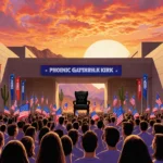 Crowd gathers at Phoenix convention center with Turning Point USA flags and empty chair symbolizing resilience