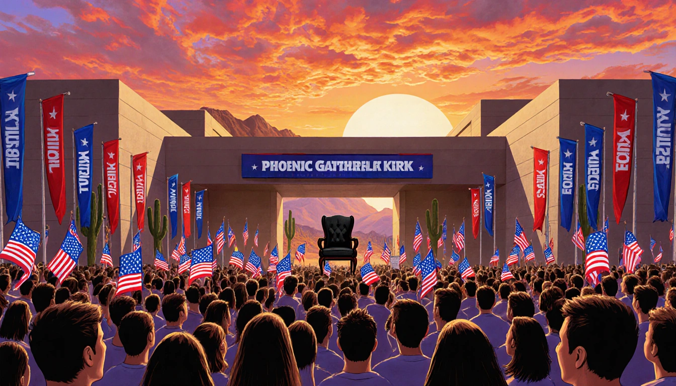 Crowd gathers at Phoenix convention center with Turning Point USA flags and empty chair symbolizing resilience