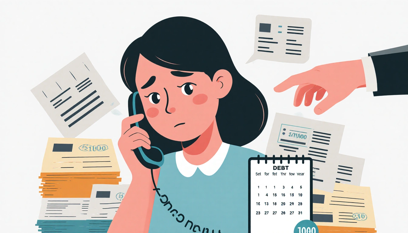 Person holding phone with debt bills scattered with blurred hand and calendar hint in background.