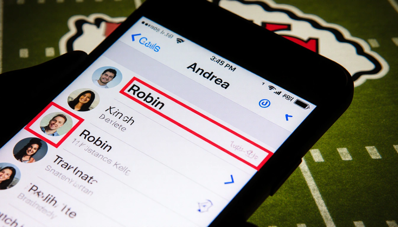 Andrea's phone screen showing a call log with Robin highlighted in red and a subtle Chiefs logo in background