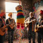 Piñata bursts confetti with diverse crowd holding guitars and maracas near warm light
