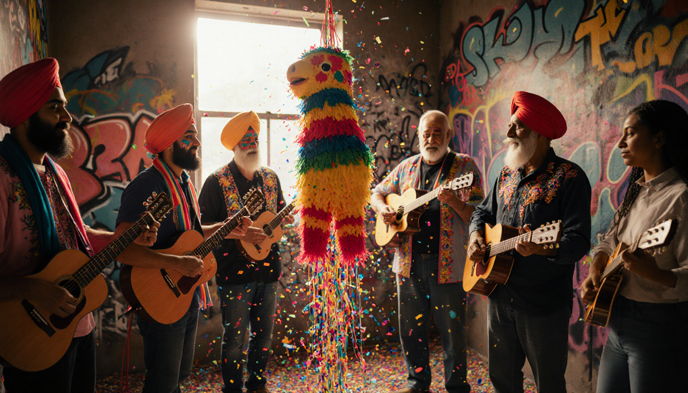 Piñata bursts confetti with diverse crowd holding guitars and maracas near warm light