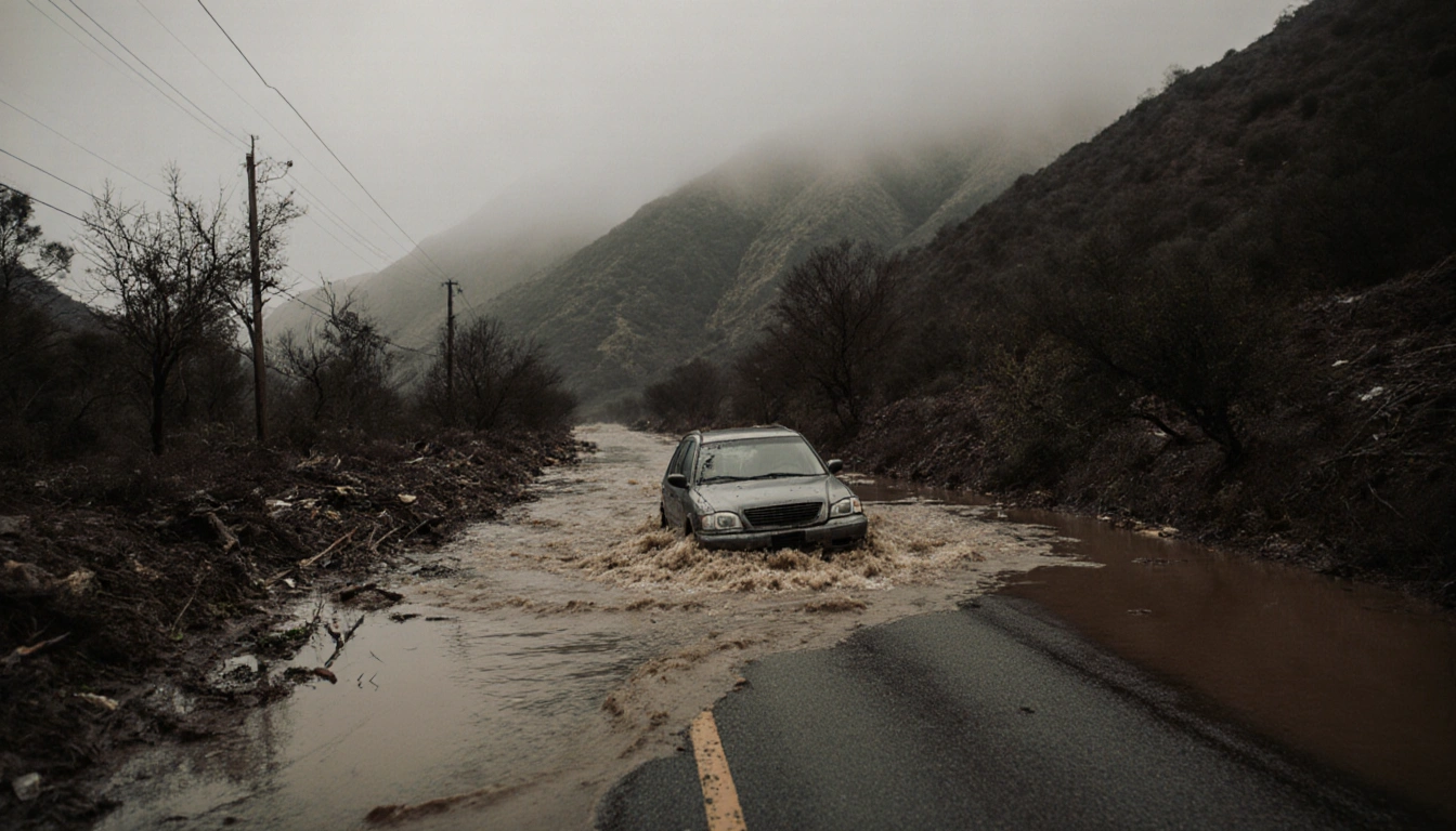 Crushed car lying submerged in muddy water with scattered trees and misty mountains in background