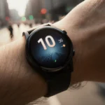 Wrist wearing Google Pixel Watch 4 showing glowing curved screen with city skyline in background.