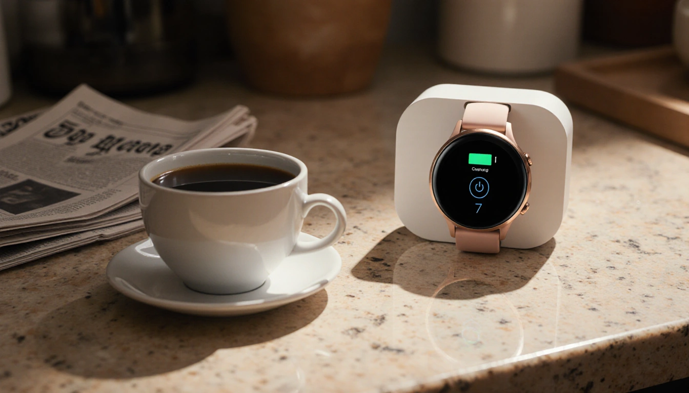 Google Pixel Watch 4 charging with its puck-shaped charger on a kitchen counter with a coffee cup and newspaper covering it