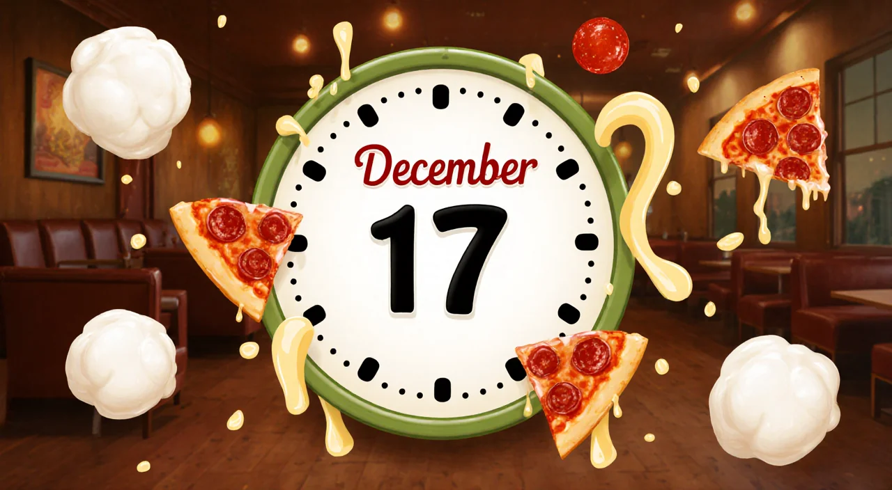Ticking countdown clock showing December 17 with swirling cheese strings and pepperoni slices in cozy holiday pizza parlor