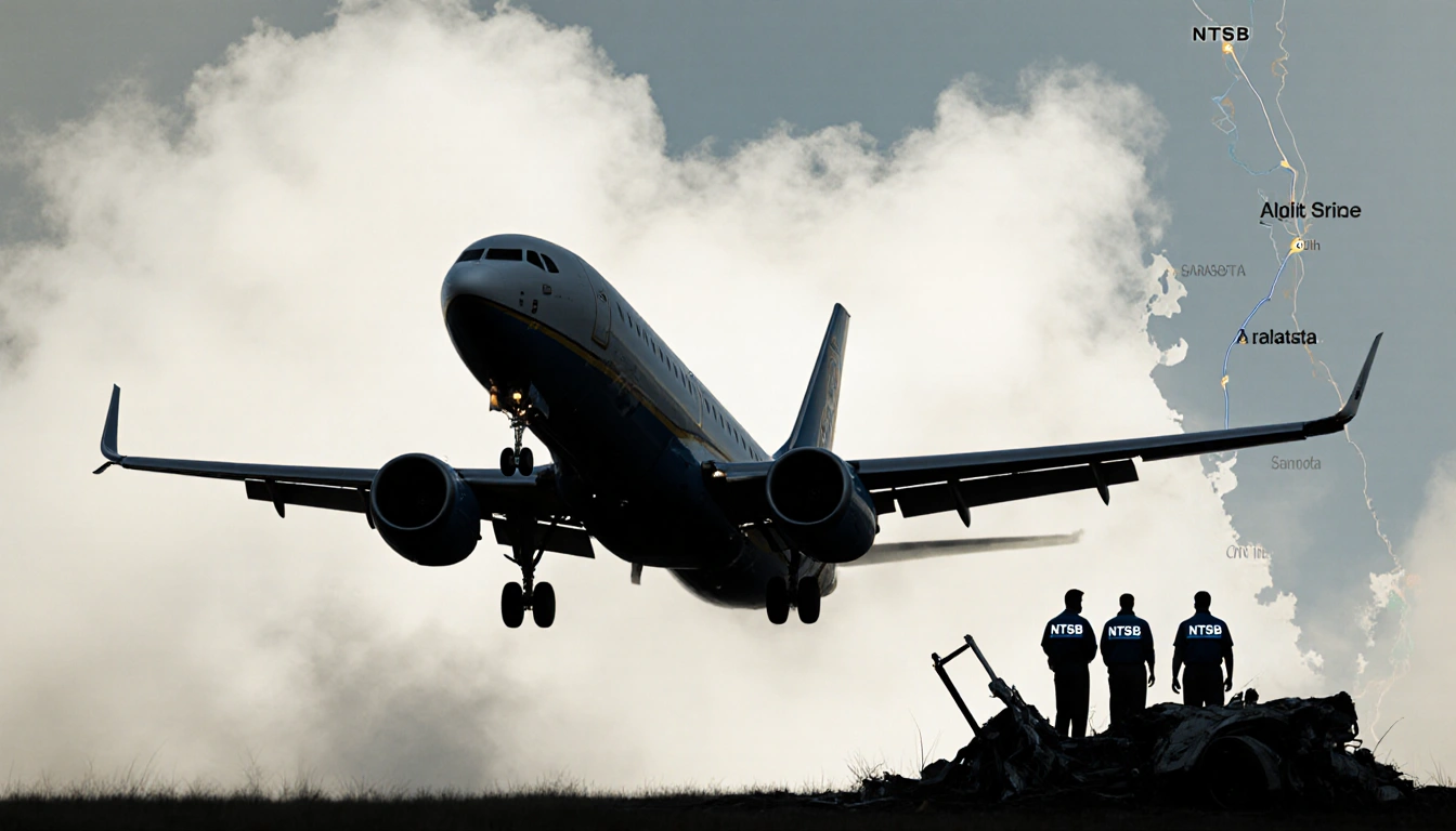 Plane turning after takeoff with clouds NTSB investigators near wreckage flight route near Sarasota.