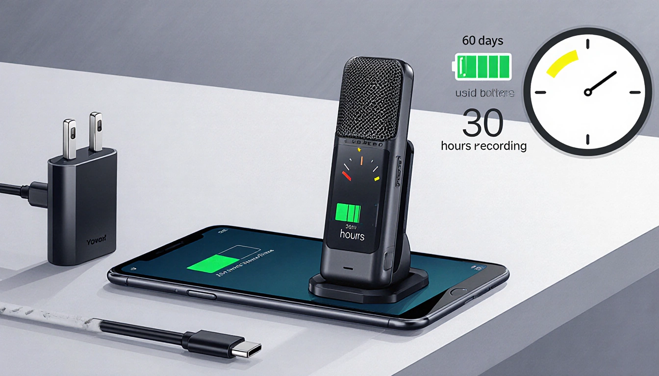 Plaud Note Pro recorder displays battery life on smartphone with USB-C charger and clock two hours with gauge 60d/30h