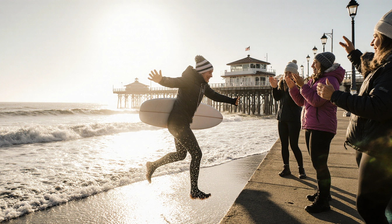 Friend leaping into ocean from Huntington Beach Pier with warm winter gear and Polar Bear Plunge cheers in background