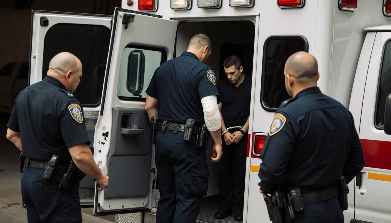 Police officer being transported in ambulance with medical technician tending and suspect cuffed behind scene
