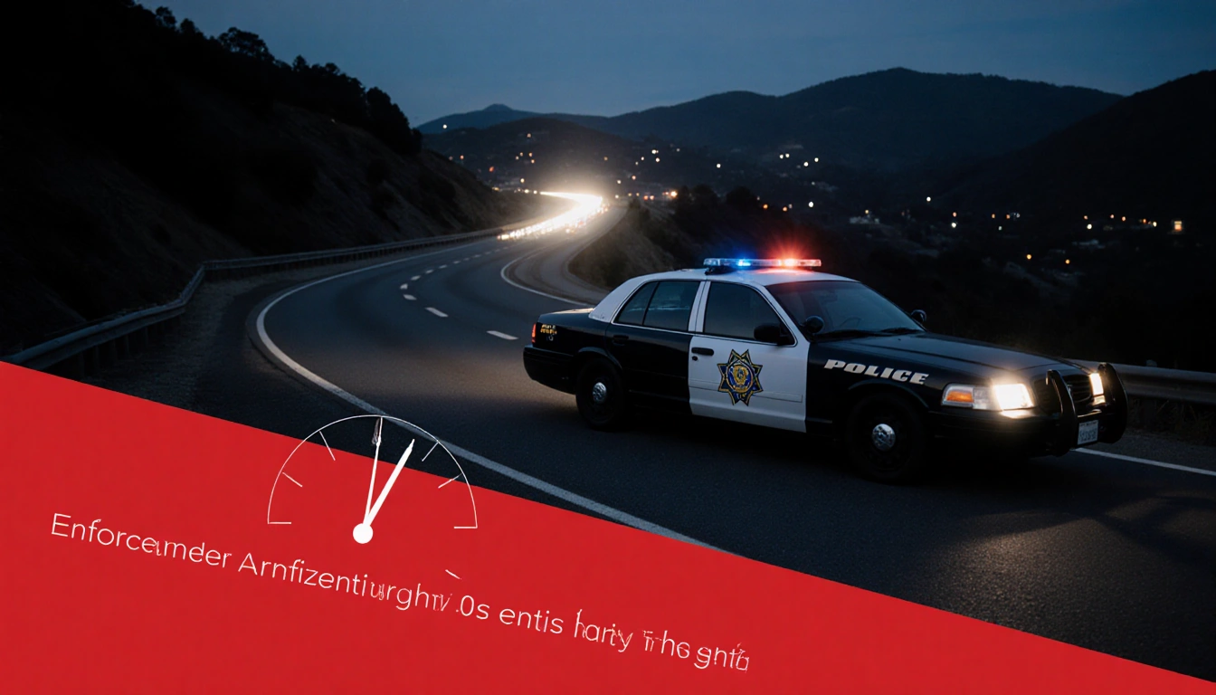 Police car with CHP logo and headlights shine on a winding highway at dusk with a 30-hour countdown clock red warning stripe