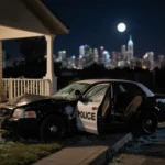 Police car crashing into house at night with shattered glass and twisted metal under moonlight