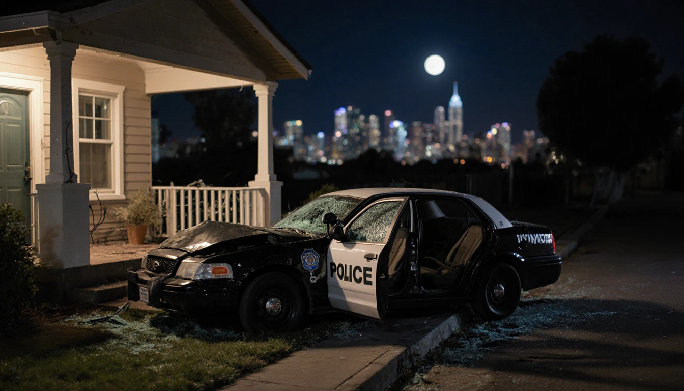 Police car crashing into house at night with shattered glass and twisted metal under moonlight