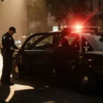LAPD officer staring into a black sedan with flashing hazard lights on a police car and blurred pedestrians in background