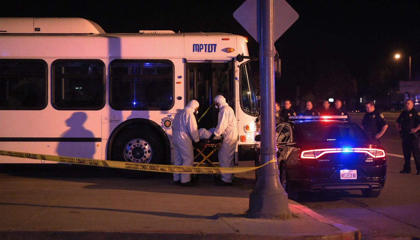 Medical team in hazmat suits transferring victim onto stretcher with police car flashing lights and crime scene tape nearby