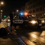 Police officer standing beside open Nissan Sentra with police car lights and injured person on sidewalk