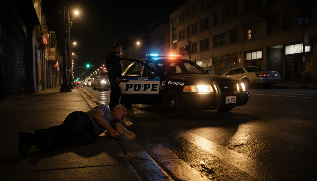 Police officer standing beside open Nissan Sentra with police car lights and injured person on sidewalk