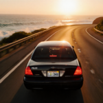 Speeding sedan weaving through Highway 1 with turquoise ocean waves crashing and a sunset glow on urgent driver
