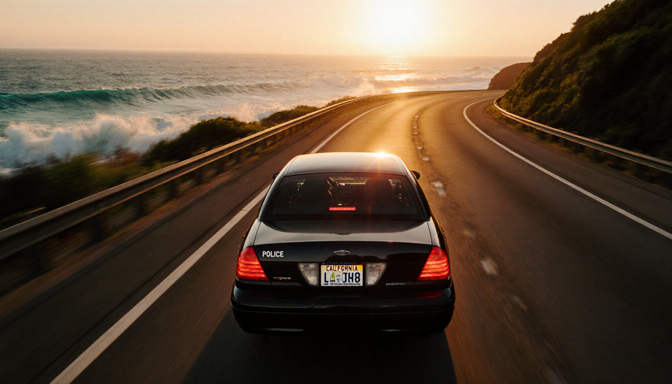Speeding sedan weaving through Highway 1 with turquoise ocean waves crashing and a sunset glow on urgent driver