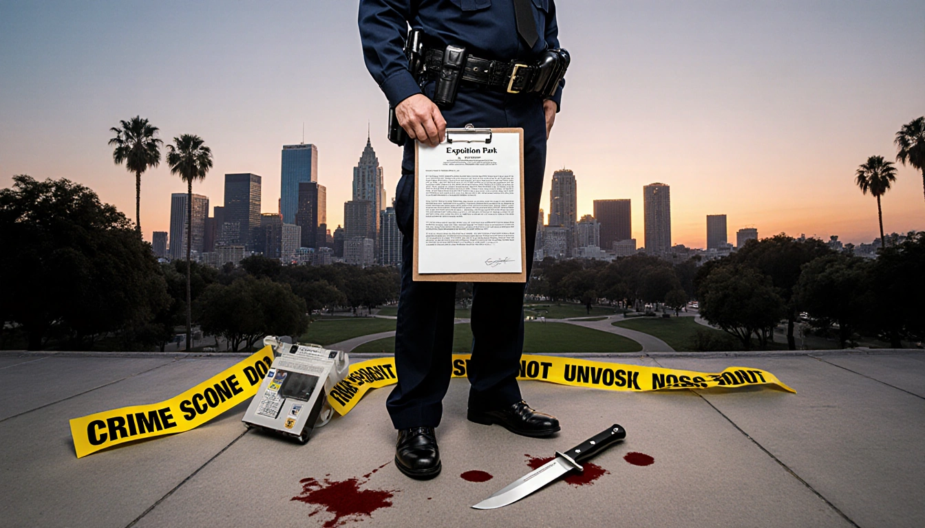 Police officer holding indictment clipboard with crime scene tape near feet and knife handle in Los Angeles skyline at dawn.