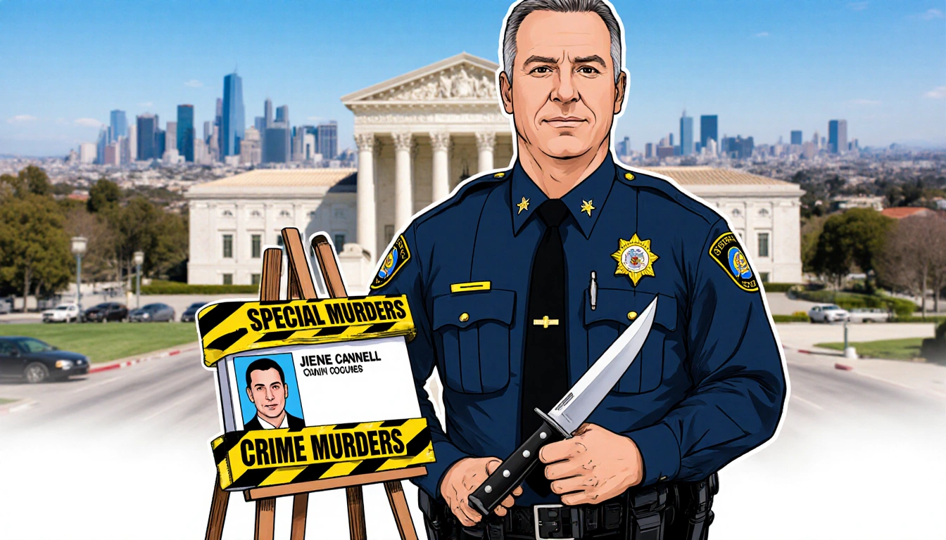 Police officer holding LA County DA badge with tape-wrapped easels showing a knife and victim ID near courthouse background